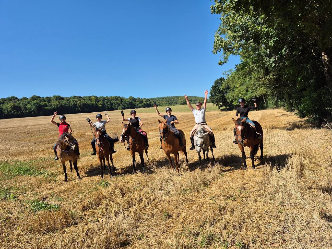 Groupe de cavaliers en randonnée, bras levés